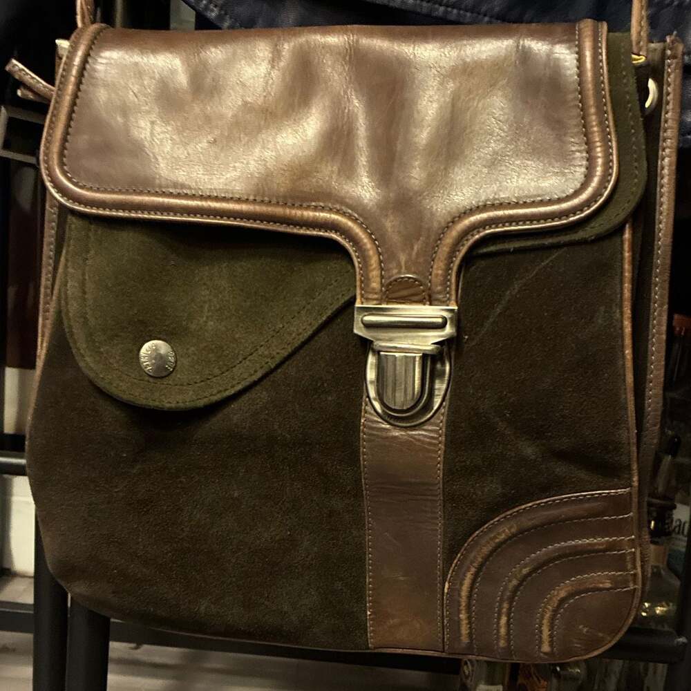 Patrizia Pepe Olive Green Leather Crossbody Saddle Bag with Perforated  Details